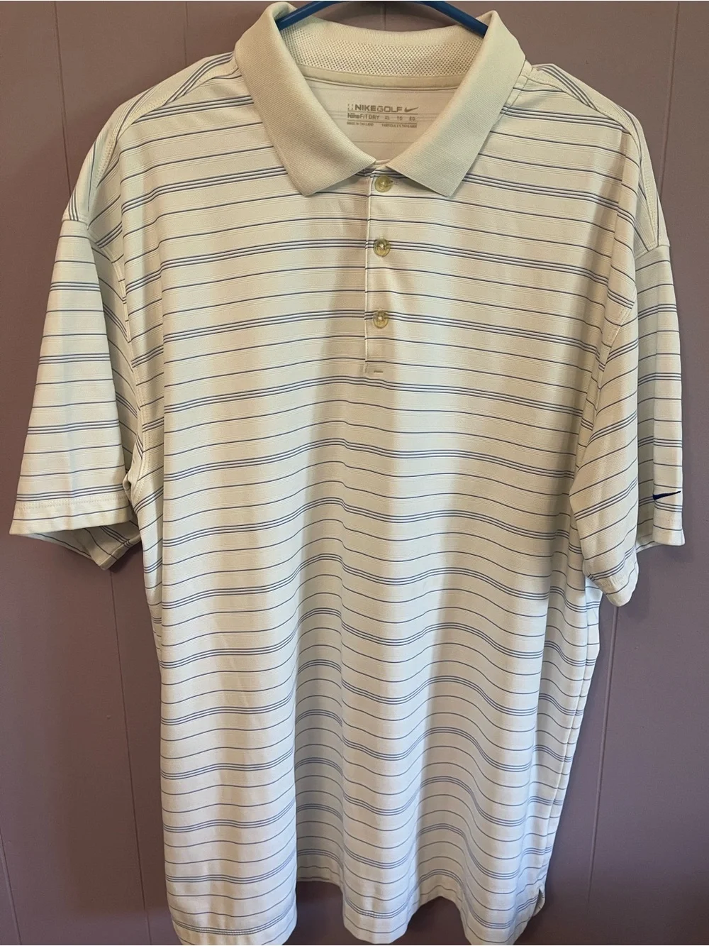 Nike Men’s Cream Polo with Thin Light Blue Stripes